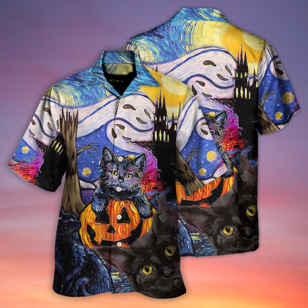 Halloween Black Cat Starry Night Painting Art Style - Hawaiian Shirt