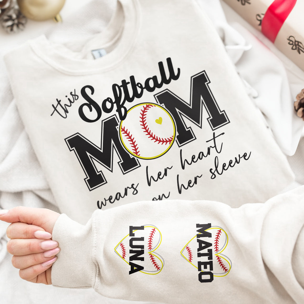 This Softball Mom Wear Her Heart On Her Sleeve - Gift For Mom - Personalized Sleeve Sweatshirt