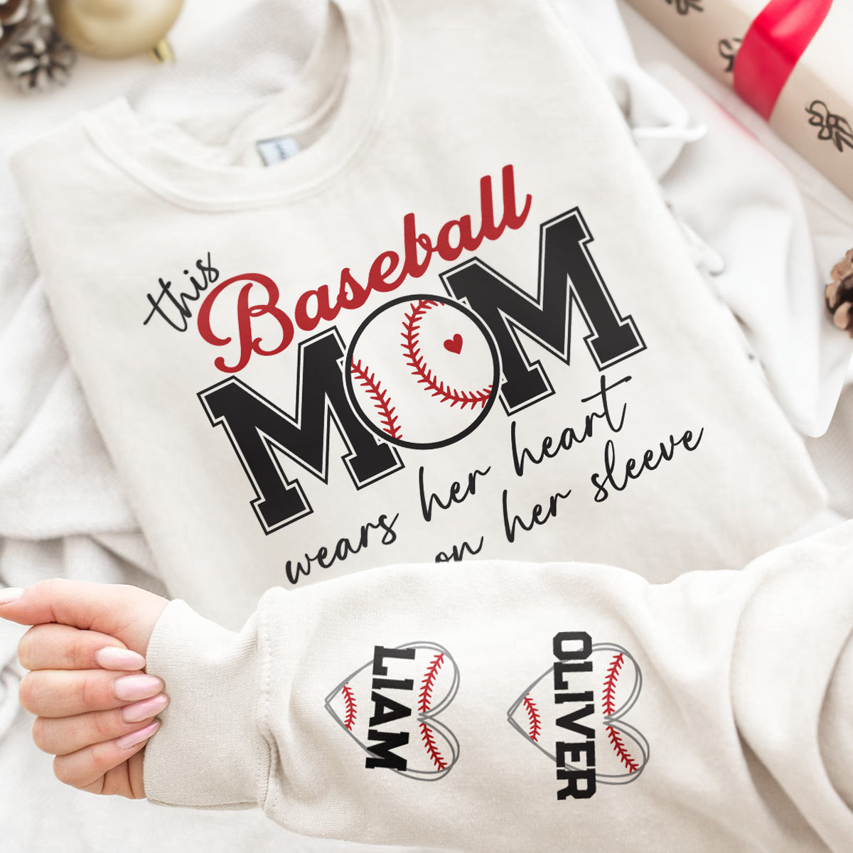 This Baseball Mom Wear Her Heart On Her Sleeve - Gift For Mom - Personalized Sleeve Sweatshirt