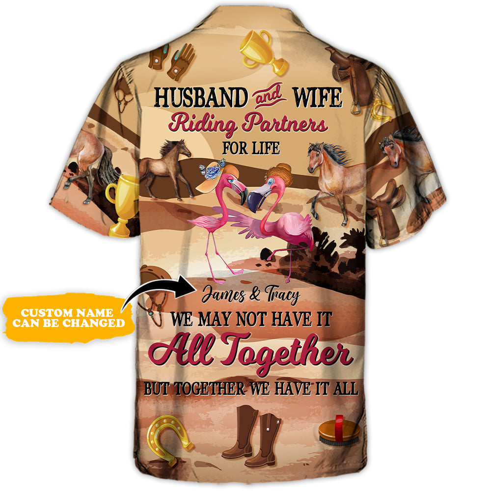 Horse Riding Flamingo Husband And Wife - Personalized Hawaiian Shirt
