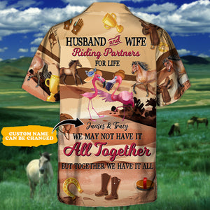 Horse Riding Flamingo Husband And Wife - Personalized Hawaiian Shirt