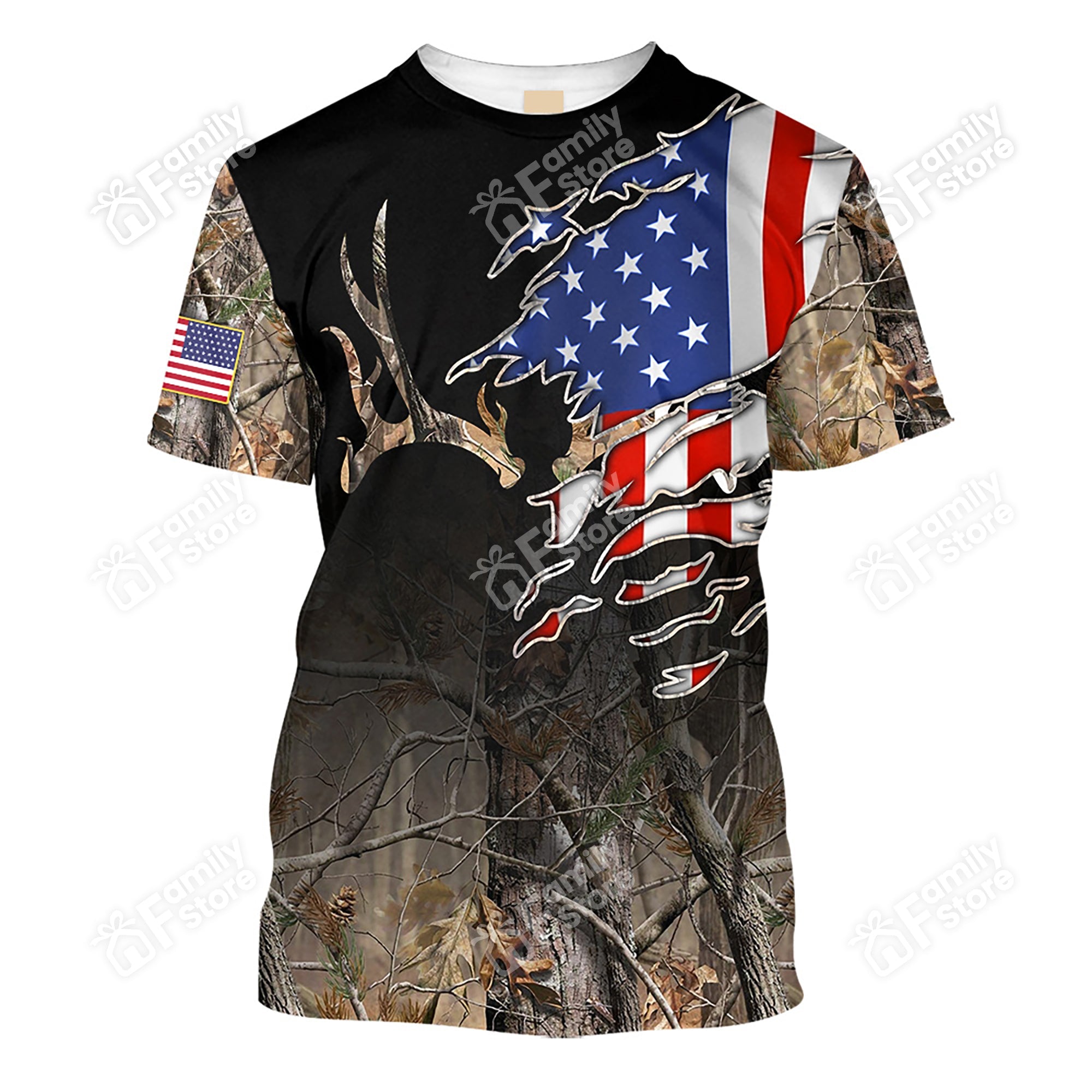 Hunting Dry Forest And Us Flag T-Shirt