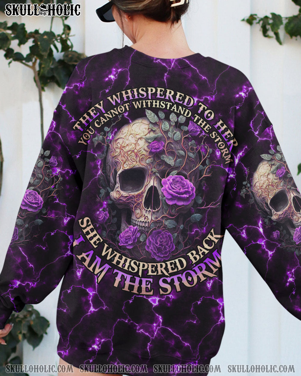 I Am the Storm Floral Purple Lightning Skull Graphic Tee Wo _8_ FMBrR