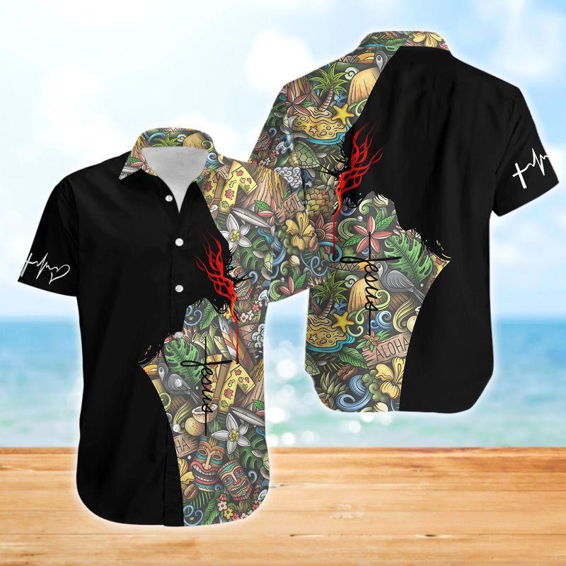 Jesus Black And Flowers Pattern Aloha - Hawaiian Shirt