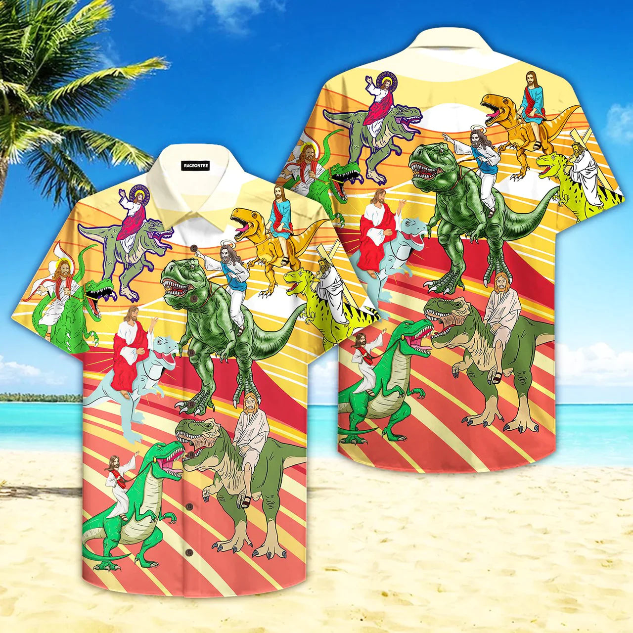 Jesus Riding A Dinosaur Aloha - Hawaiian Shirt