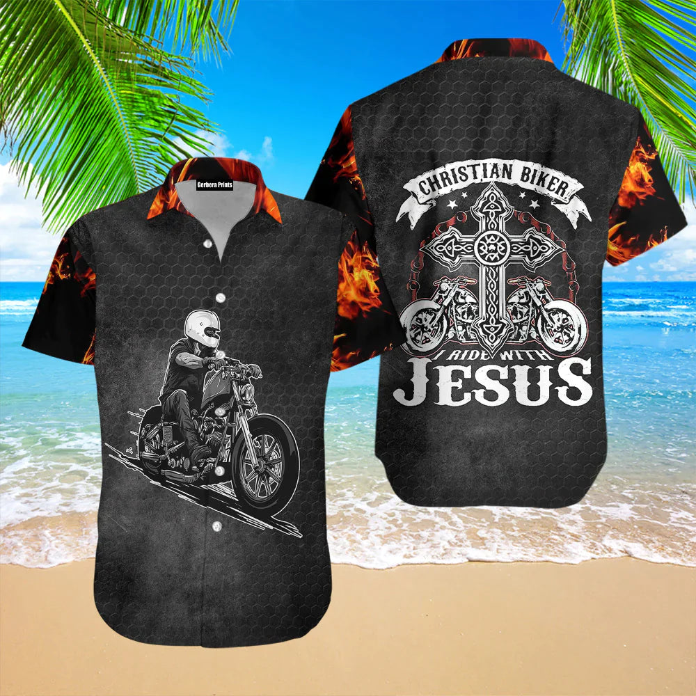 Christian Jesus Biker Racing Fire Black Aloha - Hawaiian Shirt