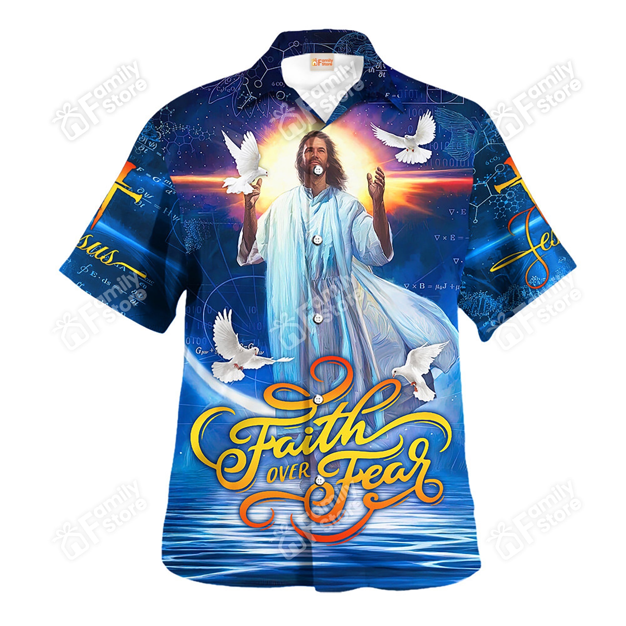 Jesus Faith Over Fear Blue Pattern - Hawaiian Shirt