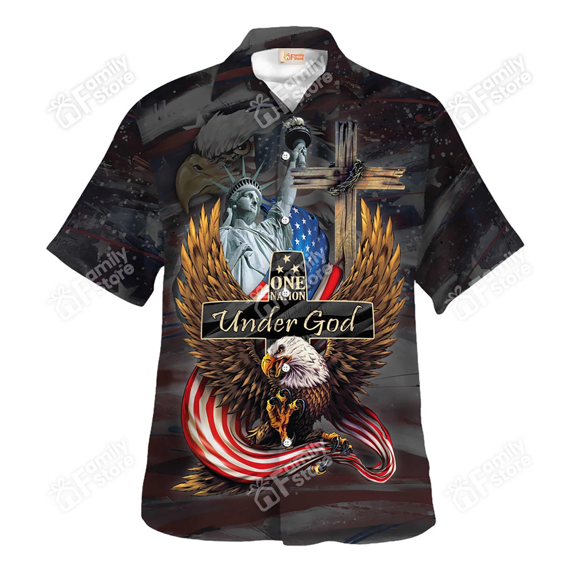 Jesus One Nation Under God And Statue Of Liberty - Hawaiian Shirt