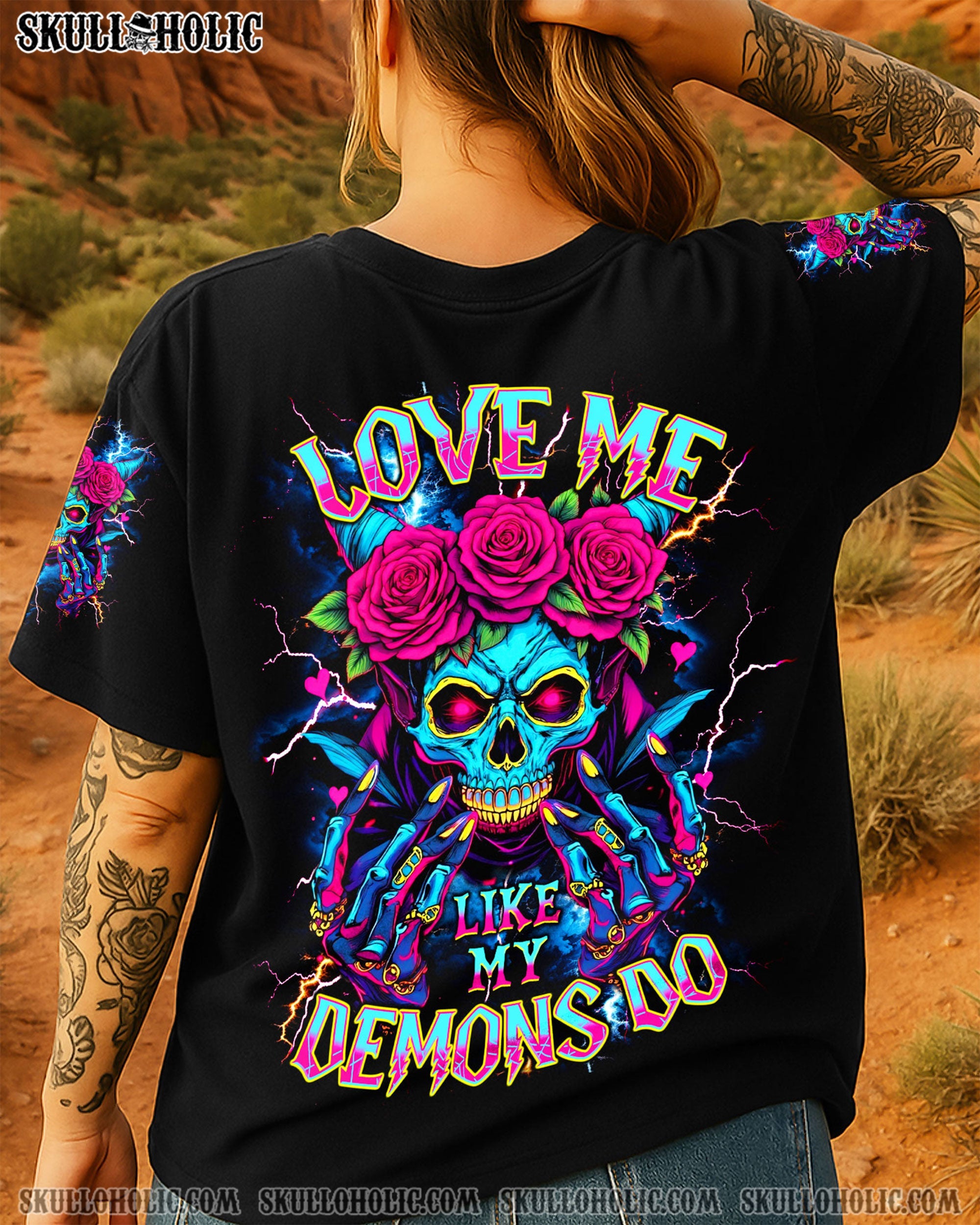 LoveMeLikeMyDemons NeonSugarSkullGraphicTee Women_sAOPShirt_3