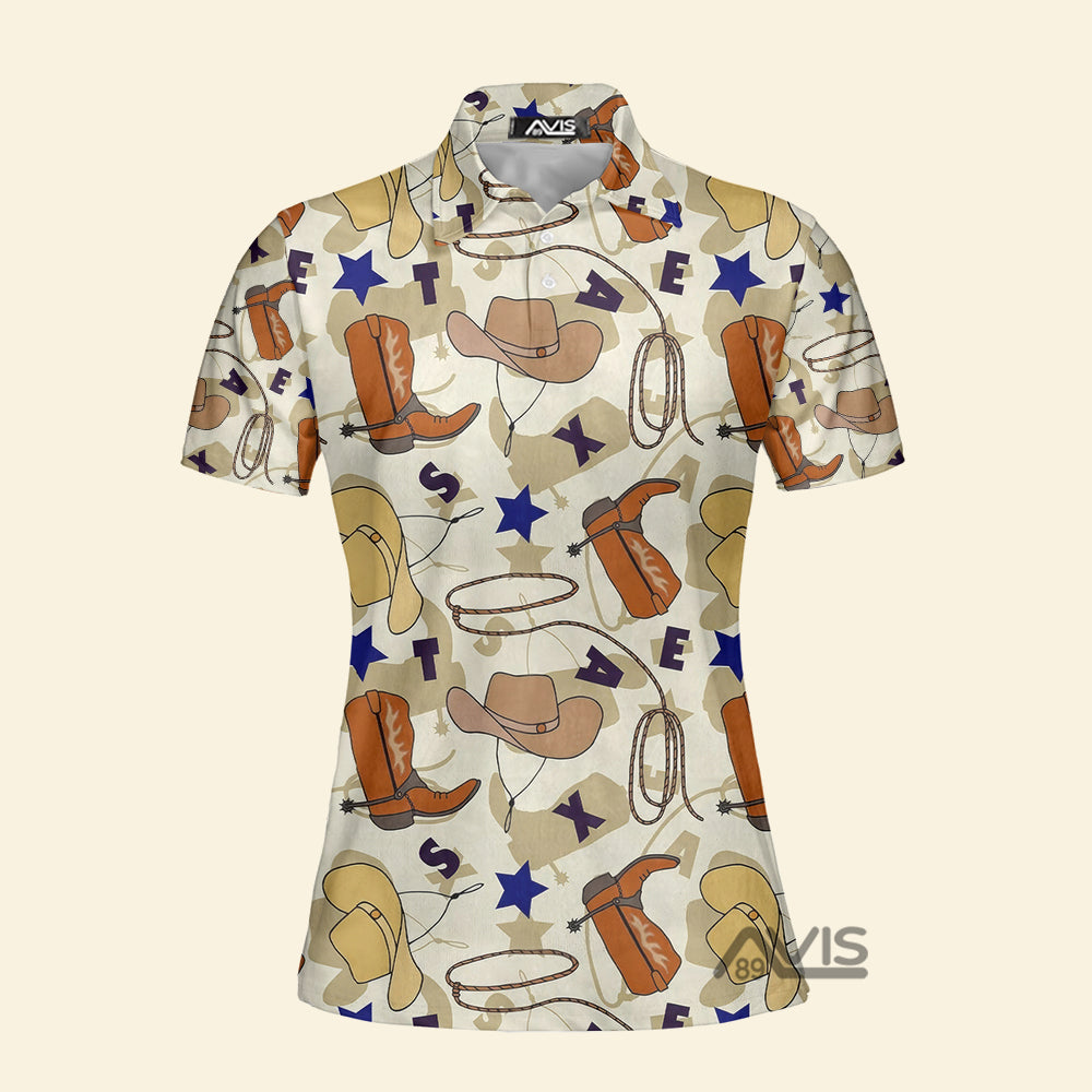 Texas Cowboy Boots Hat Rope Lasso Polo Shirt For Women