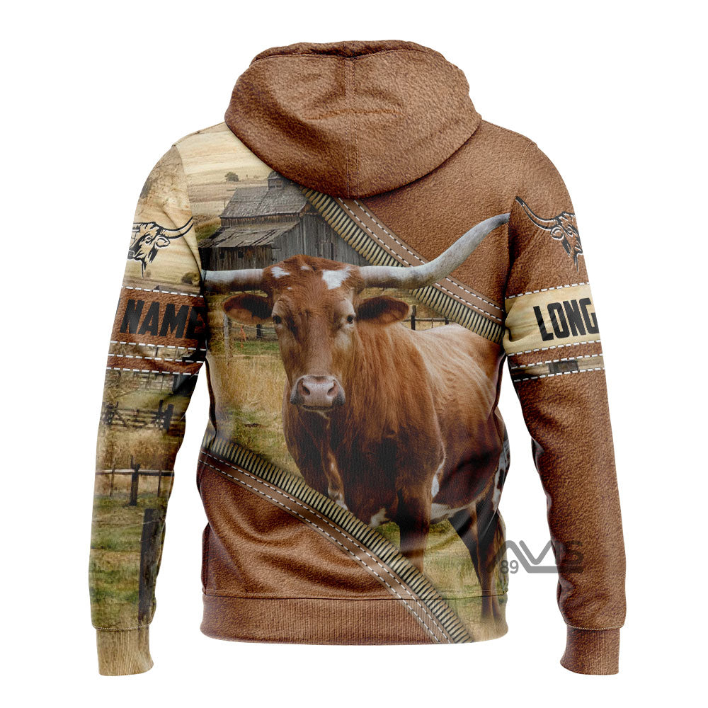 Personalized Name Uni Farm Texas Longhorn Cattle Light Brown Hoodie