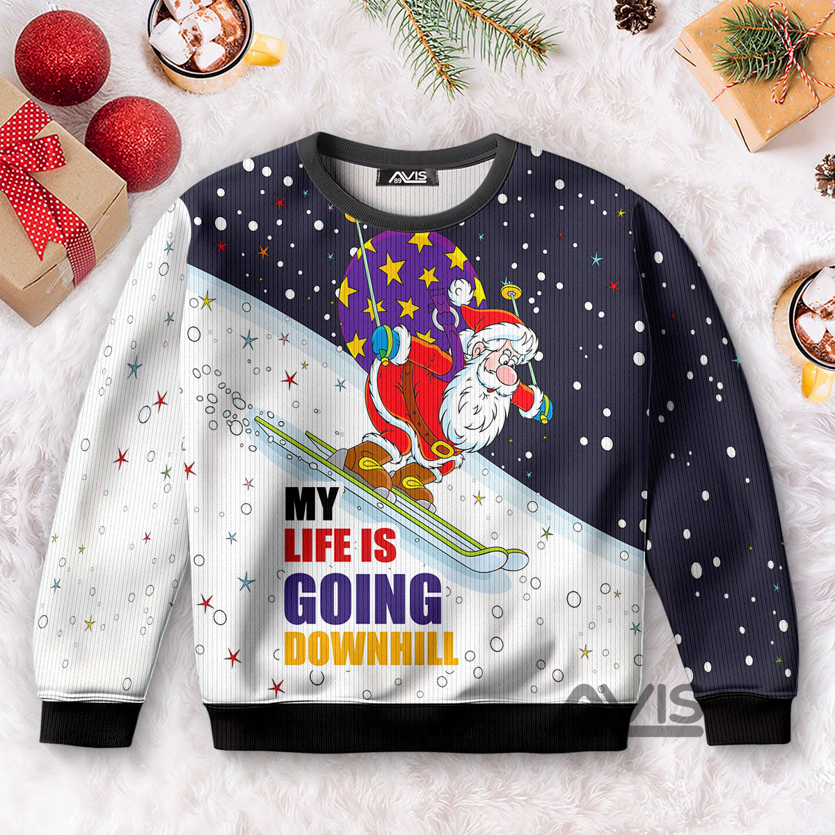 Santa Claus Ski My Life Is Going Down Hill - Funny Ugly Sweater