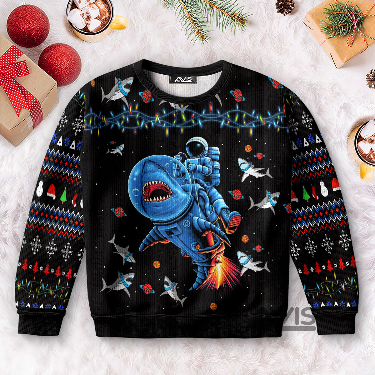 Funny Astronauts Ride A Shark In Space Ugly Sweater For Men & Women