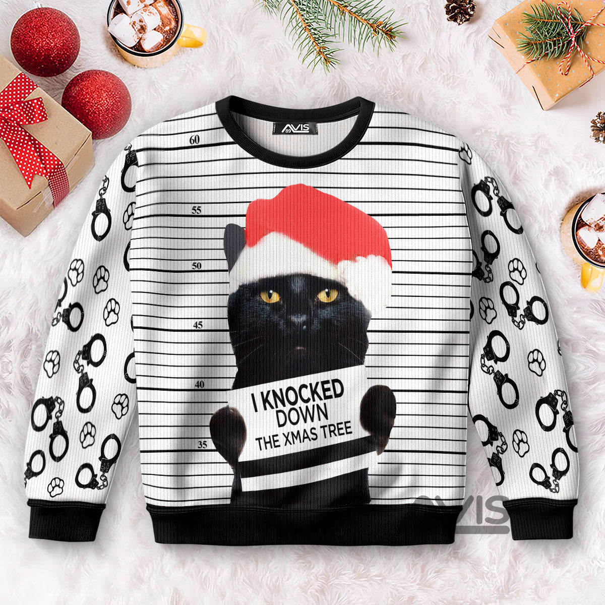 Black Cat Knocked Down Xmas Tree Ugly Christmas Sweater