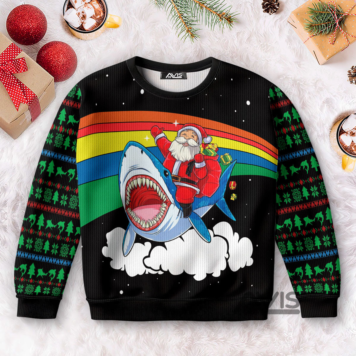 Santa Riding Shark Christmas Ugly Sweater