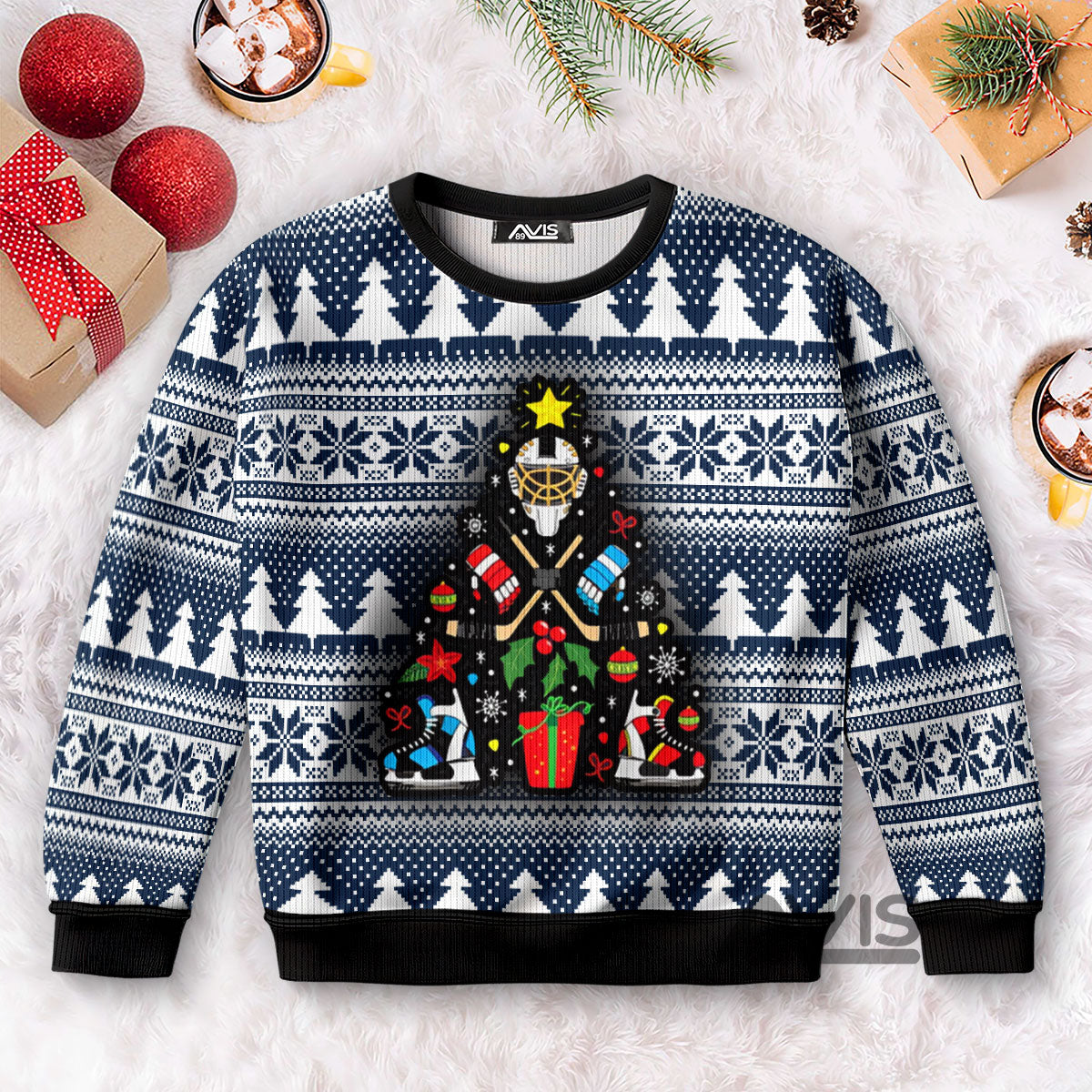 Hockey Christmas Tree Funny Blue Ugly Sweater