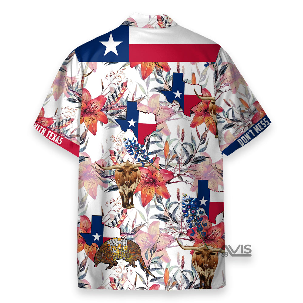 Texas Longhorn Bluebonnet And Armadillo, Button Down Floral Flag Hawaiian Shirt