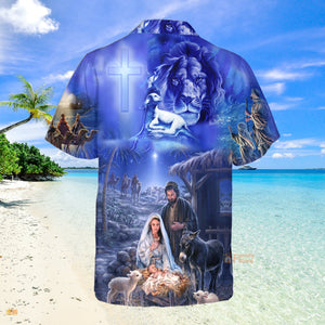 Lion With Jesus Was Born In Farm Blue Aloha Hawaiian Shirts