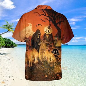 Vintage Halloween Grim Reaper, Black Cat - Hawaiian Shirt