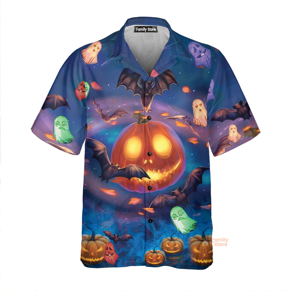 Halloween Glowing Pumpkins By Night With Bat - Hawaiian Shirt