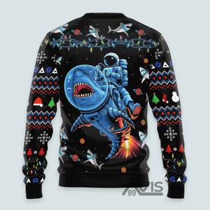 Funny Astronauts Ride A Shark In Space Ugly Sweater For Men & Women