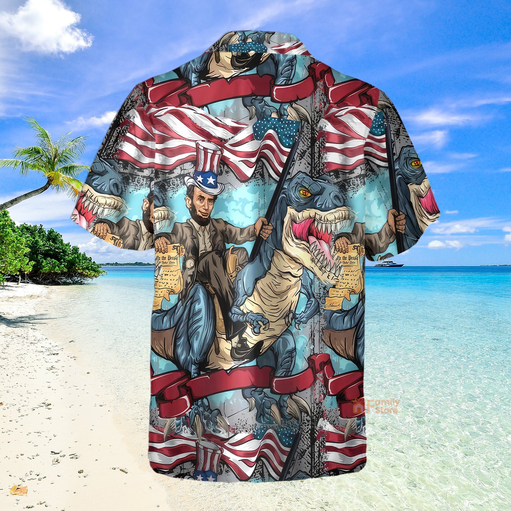 Flag Dinosaur Chest Pocket Short Sleeve Casual Shirt Hawaiian Shirt