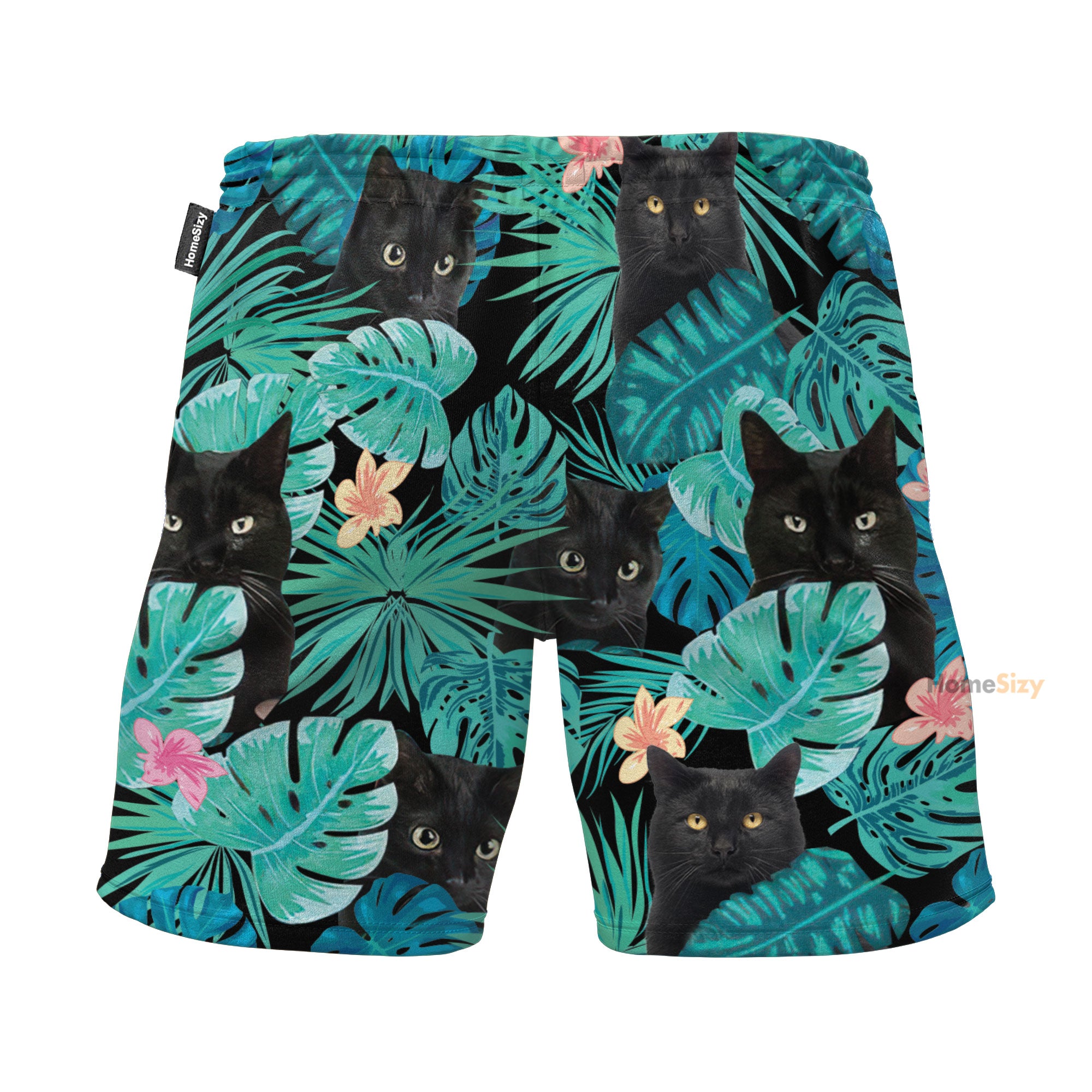 Black Cat In Green Leaves Pattern - Beach Shorts