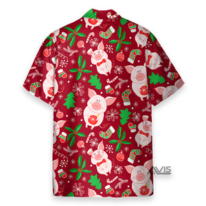 Pig Merry Pigmas Christmas Pattern Red And Pink - Hawaiian Shirt