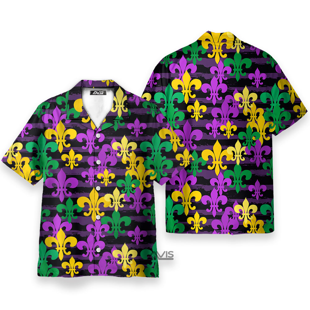 Mardi Gras Fleur De Lis Pattern Purple Yellow And Blue - Hawaiian Shirt