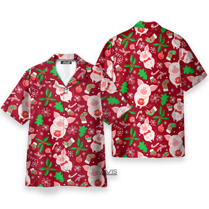 Pig Merry Pigmas Christmas Pattern Red And Pink - Hawaiian Shirt