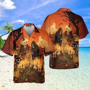 Vintage Halloween Grim Reaper, Black Cat - Hawaiian Shirt