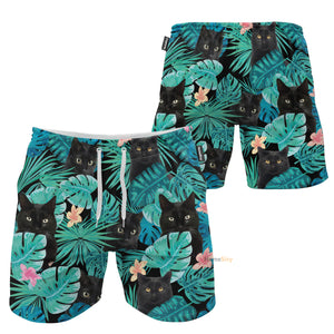 Black Cat In Green Leaves Pattern - Beach Shorts