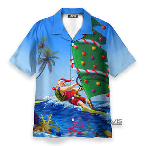 Christmas Santa Claus Goes Windsurfing  - Hawaiian Shirt