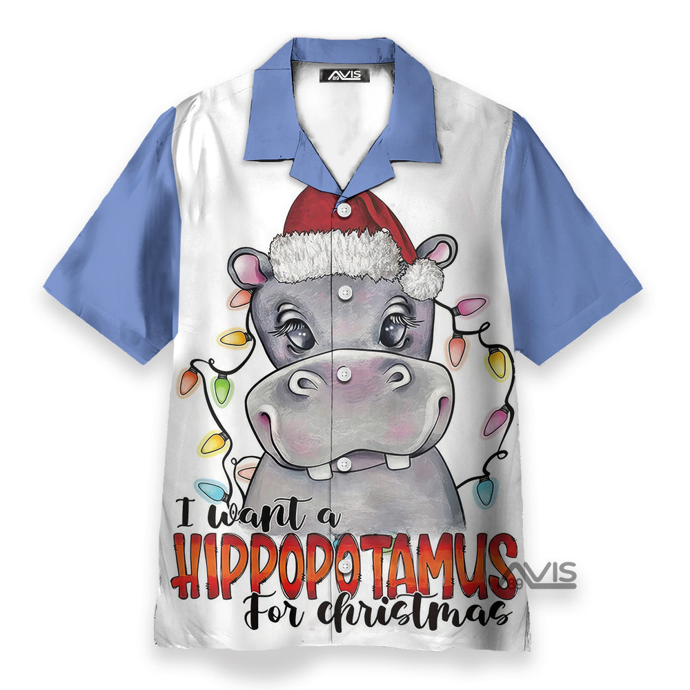 Christmas I Want A Hippopotamus Blue - Hawaiian Shirt