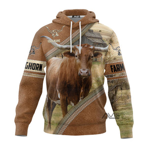 Personalized Name Uni Farm Texas Longhorn Cattle Light Brown Hoodie