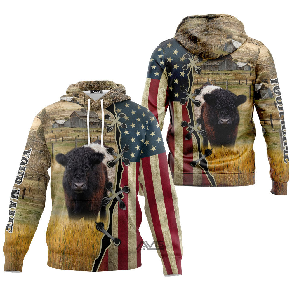 Personalized Name Uni Belted Galloway On Farms American Flag 3D Hoodie