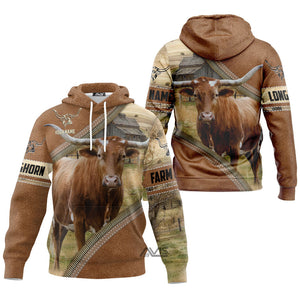 Personalized Name Uni Farm Texas Longhorn Cattle Light Brown Hoodie