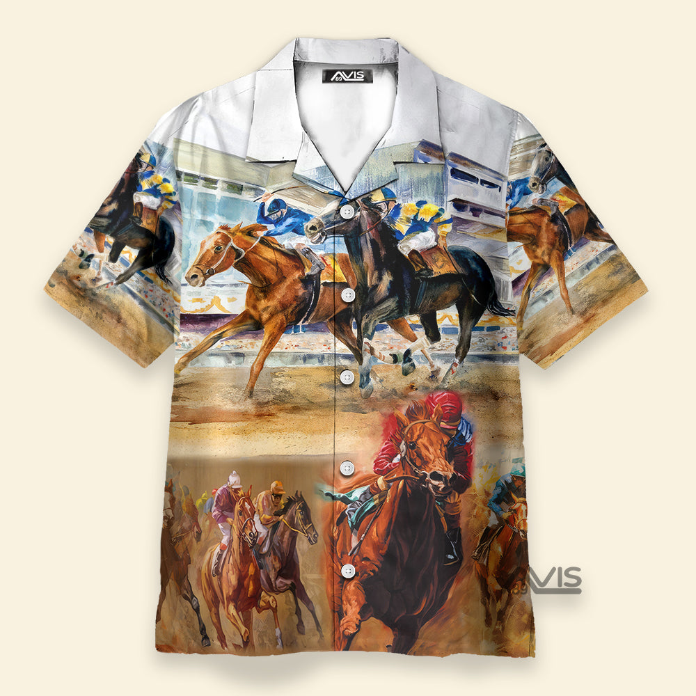 Horse Racing Many Horses White - Hawaiian Shirt