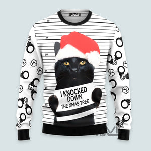 Black Cat Knocked Down Xmas Tree Ugly Christmas Sweater