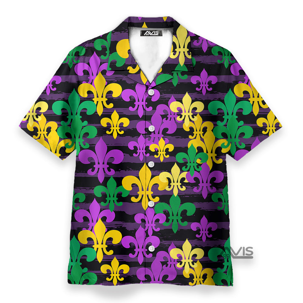 Mardi Gras Fleur De Lis Pattern Purple Yellow And Blue - Hawaiian Shirt