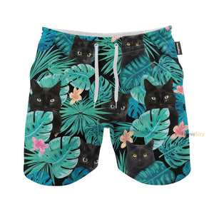 Black Cat In Green Leaves Pattern - Beach Shorts