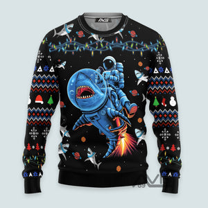 Funny Astronauts Ride A Shark In Space Ugly Sweater For Men & Women