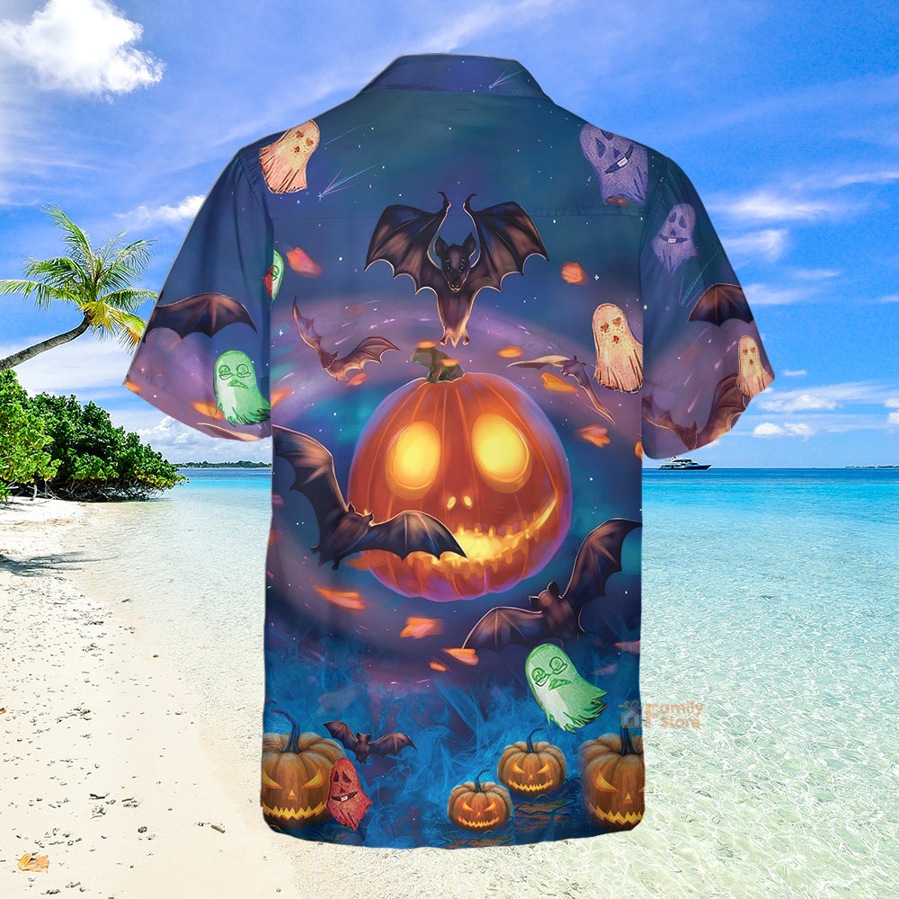 Halloween Glowing Pumpkins By Night With Bat - Hawaiian Shirt