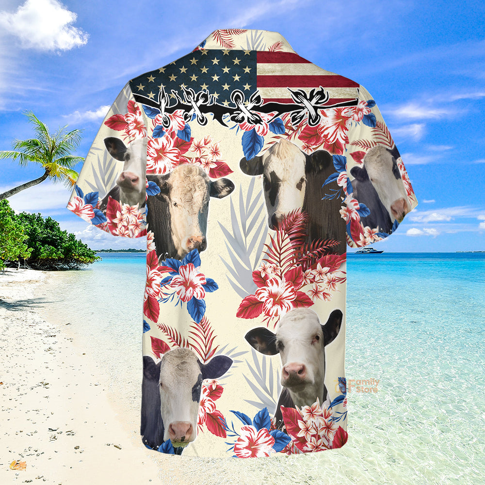 Black Baldy Pattern US Flag Farm Cow Hawaiian Shirt