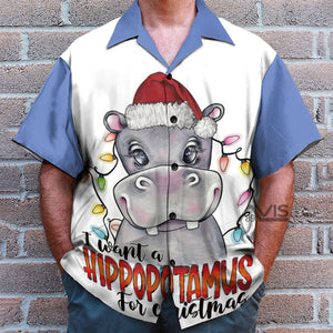 Christmas I Want A Hippopotamus Blue - Hawaiian Shirt