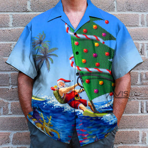 Christmas Santa Claus Goes Windsurfing  - Hawaiian Shirt