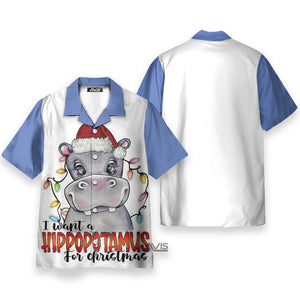 Christmas I Want A Hippopotamus Blue - Hawaiian Shirt