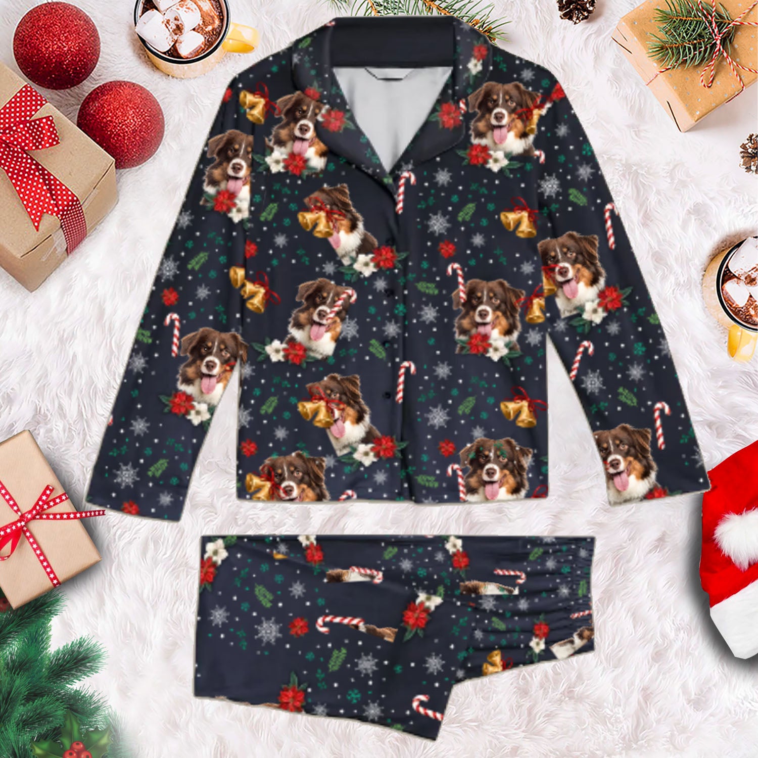 Custom Photo Jingle Bell Christmas - Gift For Dog Mom, Dad - Personalized Long Pajama Set