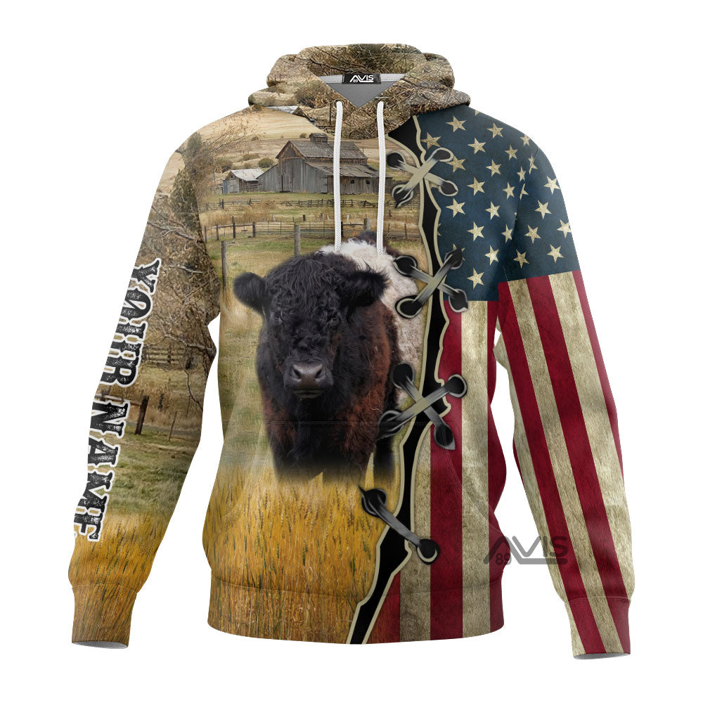 Personalized Name Uni Belted Galloway On Farms American Flag 3D Hoodie