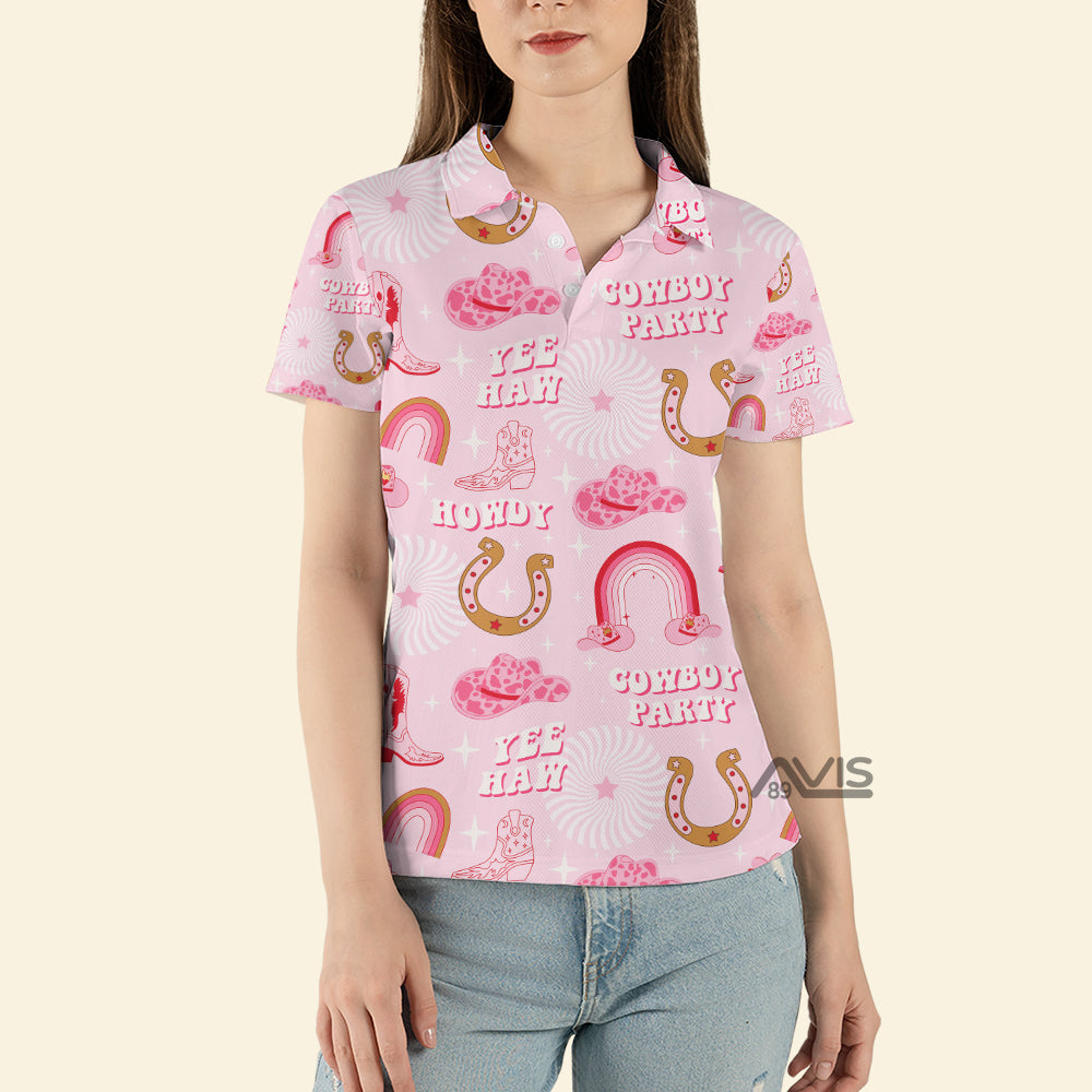 Rodeo Cowgirl Retro Horseshoe Cactus Pink - Women Polo Shirt